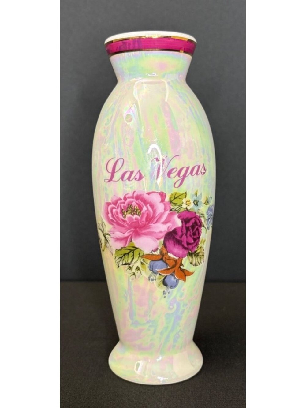 Vintage Las Vegas Souvenir Bud Ceramic Vase Glossy Floral Bouquet Pink Red Decor - Picture 2 of 8